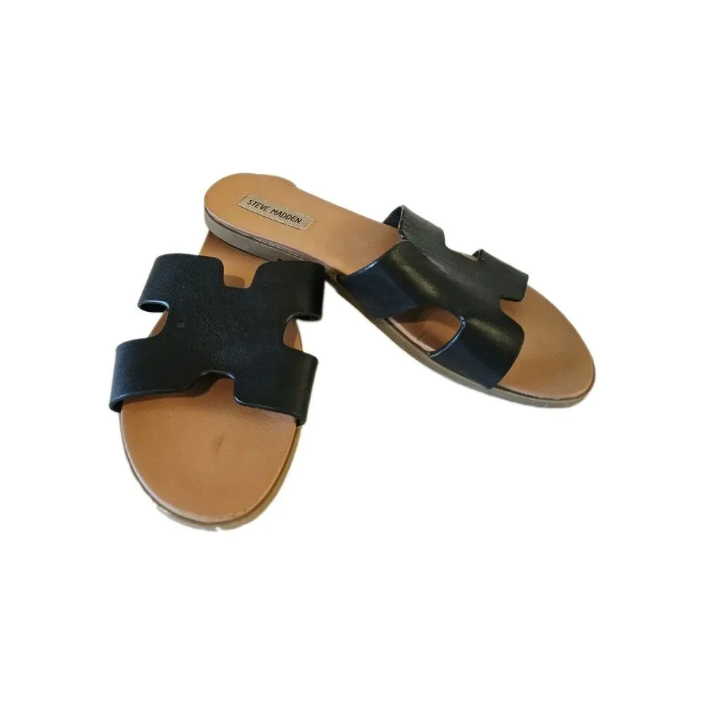 Steve Madden Black Leather Flip Flop Size 10